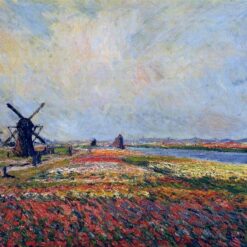 Reproduction of Fields of Flowers and Windmills near Leiden by Claude Monet – Hand-Painted 1886 Oil Painting for Classic Home Decor from Dafen Village