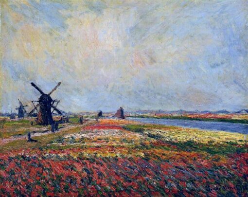 Reproduction of Fields of Flowers and Windmills near Leiden by Claude Monet – Hand-Painted 1886 Oil Painting for Classic Home Decor from Dafen Village