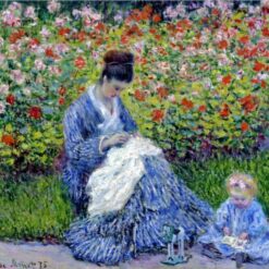 1875 Impressionist Oil Painting of Camille Monet and a Child in the Artist’s Garden in Argenteuil – Hand-Painted by Dafen Village Artists