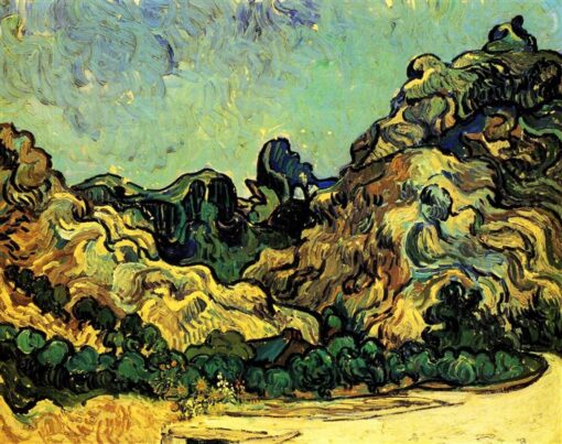 « Les montagnes à Saint-Rémy avec une petite maison sombre » (1889) de Vincent van Gogh – Peinture à l'huile réaliste, réalisée sur commande par le studio du village de Dafen