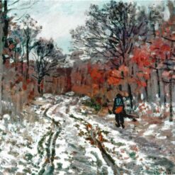 Hand-Painted Path through the Forest, Snow Effect by Claude Monet – Snowy Forest Landscape Oil Painting – Dafen Village Reproduction