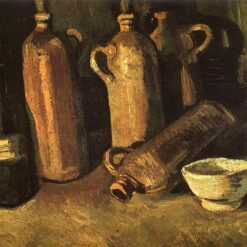Hand-Painted Still Life with Four Stone Bottles, Flask and White Cup (1884) by Vincent van Gogh – Custom Oil Painting Reproduction, Dafen Village Studio