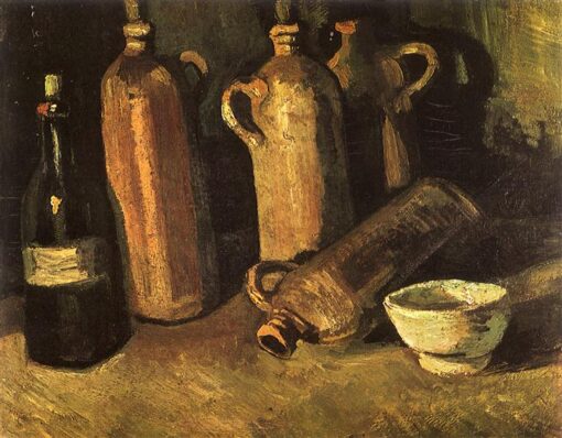 Hand-Painted Still Life with Four Stone Bottles, Flask and White Cup (1884) by Vincent van Gogh – Custom Oil Painting Reproduction, Dafen Village Studio