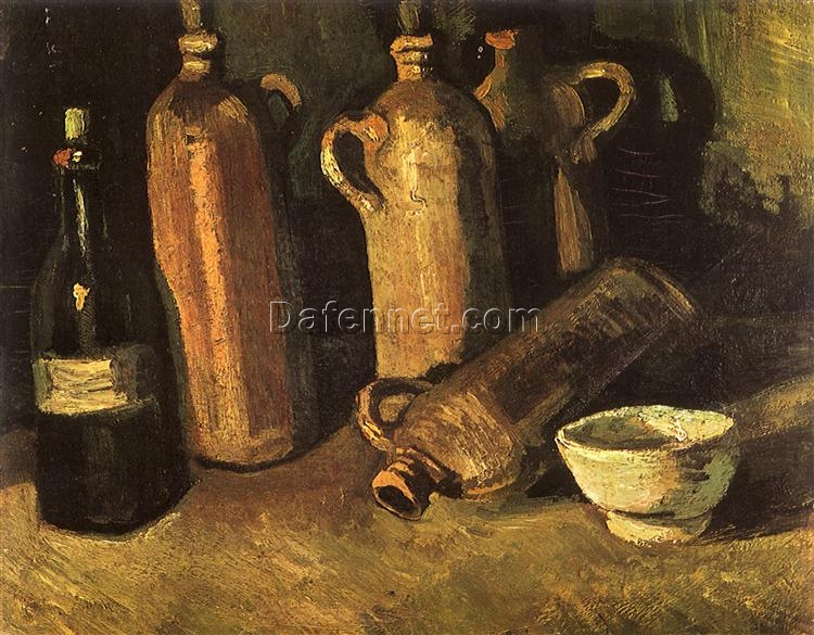 Hand-Painted Still Life with Four Stone Bottles, Flask and White Cup (1884) by Vincent van Gogh – Custom Oil Painting Reproduction, Dafen Village Studio