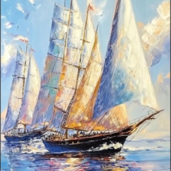 Original Hand-Painted Abstract Blue Sailboat Seascape Oil Painting on Canvas | Dafen Village Studio Coastal Nautical Wall Art Decor