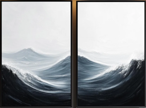 Black and White Minimalist Beach Oil Painting – Coastal Artwork from Dafen Village Art Studio