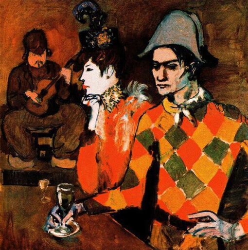 Pablo Picasso-Inspired At ‘Lapin Agile’ (Harlequin with Glass) – Rose Period Oil Painting on Canvas