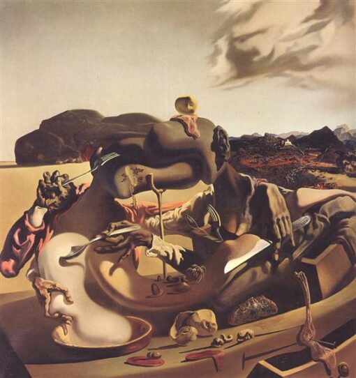 Surrealist Symbolic Oil Painting Inspired by Salvador Dali’s “Autumnal Cannibalism” – Expression of Conflict and Survival