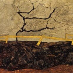 Bare Tree Behind a Fence" by Egon Schiele – Expressionist Landscape Oil Painting