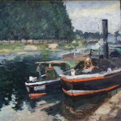 Barges on Pontoise" by Camille Pissarro – 1876, French Landscape Oil Painting