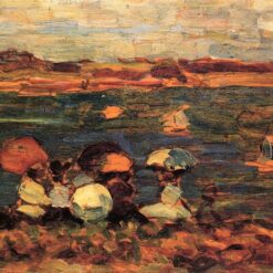 Beach Scene, St. Malo by Maurice Prendergast – Post-Impressionist Oil on Panel (c. 1907)