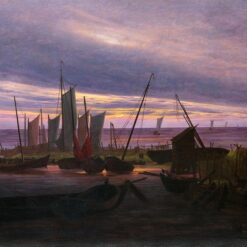 Romantic Marina Oil Painting Boats in the Harbour at Evening by Caspar David Friedrich (1828) – Seascape Art for Home and Office Decor