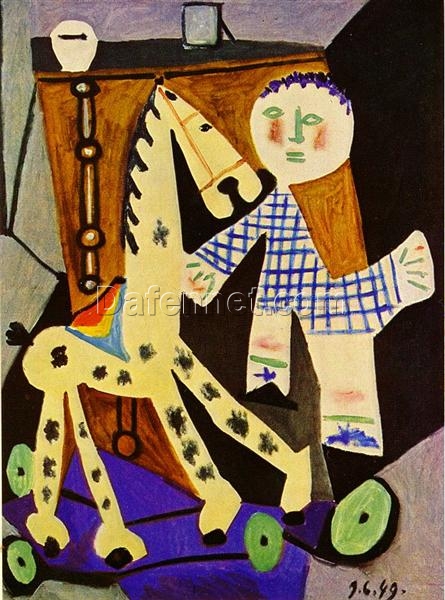 Oil Painting Inspired by Picasso’s Surrealism – ‘Claude, Two Years Old, and His Hobby Horse’ (1949) Genre Art on Canvas