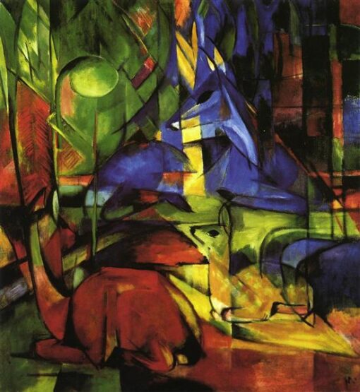 Pintura al óleo de Franz Marc ‘Ciervo en el bosque II’ pintada a mano - Arte cubista de la vida salvaje sobre lienzo de Dafen Village Studio