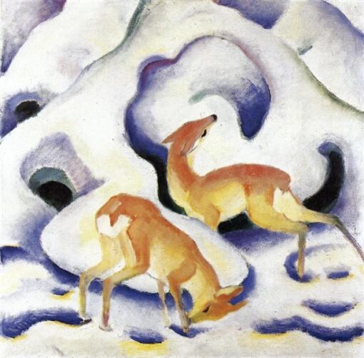 Hand-Painted Franz Marc ‘Deer in the Snow’ Oil Painting – Expressionist Wildlife Art on Canvas from Dafen Village Studio