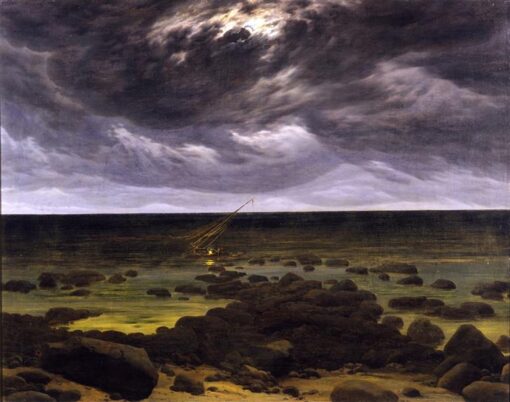 Romantic Landscape Oil Painting Seashore with Shipwreck by Moonlight by Caspar David Friedrich (c.1825-1830) – Classic Art for Home and Office Decor