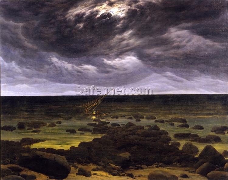 Romantic Landscape Oil Painting Seashore with Shipwreck by Moonlight by Caspar David Friedrich (c.1825-1830) – Classic Art for Home and Office Decor