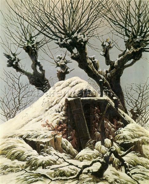 Romantic Landscape Oil Painting Cabin in the Snow by Caspar David Friedrich (c.1827) – Winter Scene Art for Home and Office Decor