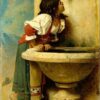 Handcrafted Realist Genre Art – Roman Girl at the Fountain by Leon Bonnat, Elegant 1875 Replica