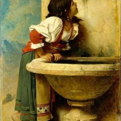 Handcrafted Realist Genre Art – Roman Girl at the Fountain by Leon Bonnat, Elegant 1875 Replica