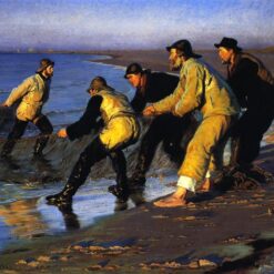 Fishermen Hauling the Net on Skagen's North Beach by Peder Severin Kroyer – 1883 Realism Genre Painting Reproduction