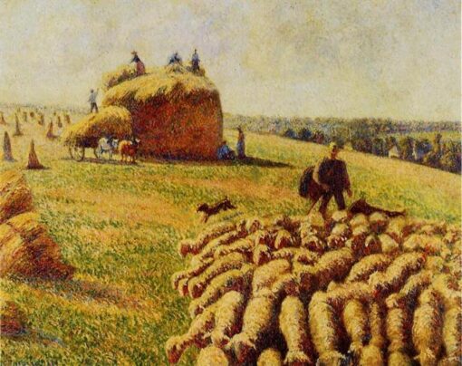 Neo-Impressionist Oil Painting – “Flock of Sheep in a Field after the Harvest” by Camille Pissarro, 1889