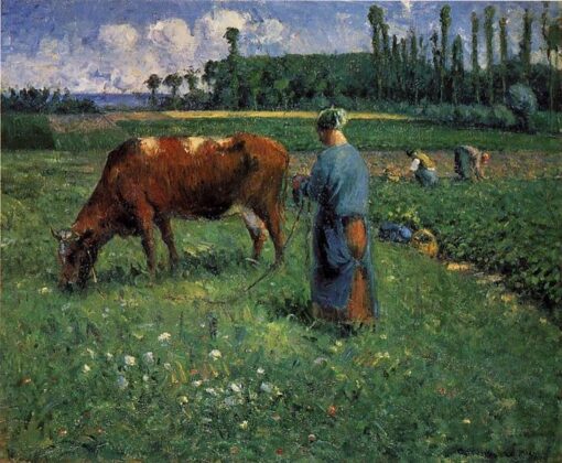 Girl Tending a Cow in Pasture” – Camille Pissarro 1874 | Impressionist Landscape Oil Painting