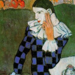 Inspired by Picasso: Harlequin Leaning – 1901 Post-Impressionist Portrait in Oil on Canvas