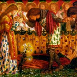 How Sir Galahad, Sir Bors, and Sir Percival Were Fed with the Sanct Grael" by Dante Gabriel Rossetti – 1864, Literary Painting in Watercolor