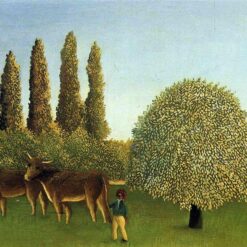 Hand-Painted Henri Rousseau In the Fields – 1910 Naïve Art Genre Oil Painting | Canvas Reproduction of Rural Landscape with Figures