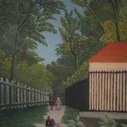 Hand-Painted Henri Rousseau Landscape in Montsouris Park with Five Figures – 1910 Naïve Art Oil Painting | Canvas Reproduction of Parisian Greenery and Figures