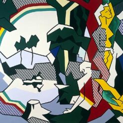 Landscape with Figures and Rainbow – Cubist Oil Painting Inspired by Roy Lichtenstein, Magna on Canvas