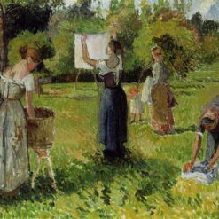 Laundresses at Eragny" - Camille Pissarro (1901) - Vintage Oil Painting of Rural France