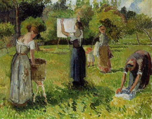 Laundresses at Eragny” – Camille Pissarro (1901) – Vintage Oil Painting of Rural France