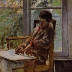 Impressionist Portrait of Lucien Pissarro in an Interior – 1875 Oil Painting by Camille Pissarro