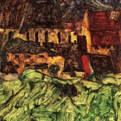 Meadow, Church and Houses" by Egon Schiele – Expressionist Landscape Oil Painting