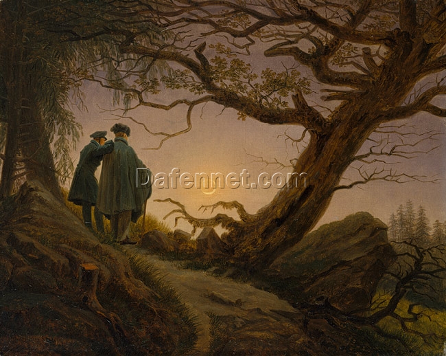 Romantic Genre Painting Two Men Contemplating the Moon by Caspar David Friedrich (c.1825-1830) – Oil on Canvas Art for Home and Office Decor
