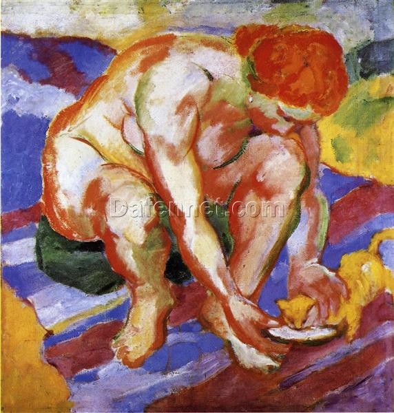 Hand-Painted Franz Marc ‘Nude with Cat’ Oil Painting – Expressionist Nude Art on Canvas from Dafen Village Studio