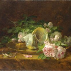 Realism Still Life: Platter with Seashells, Roses, Pearls and Earrings by Georgios Jakobides – Oil Reproduction on Canvas