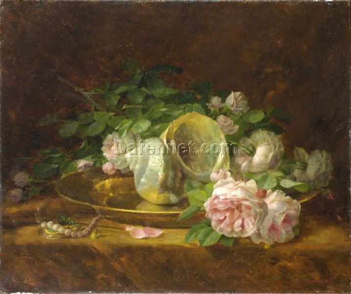 Realism Still Life: Platter with Seashells, Roses, Pearls and Earrings by Georgios Jakobides – Oil Reproduction on Canvas