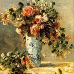 Hand-Painted Oil Reproduction of Pierre-Auguste Renoir’s 'Roses and Jasmine in a Delft Vase' (1880-1881) – Impressionist Flower Painting