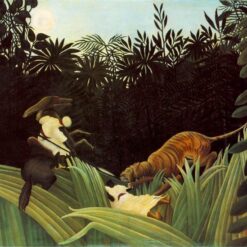 Hand-painted Henri Rousseau Scout Attacked by a Tiger – 1904 Naïve Art Wildlife Oil Painting | Canvas Reproduction of Jungle Drama