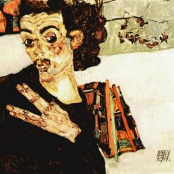 Expressionist Self-Portrait Oil Painting 'Self-Portrait with Black Vase and Spread Fingers' – Egon Schiele 1911