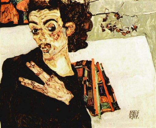 Expressionist Self-Portrait Oil Painting ‘Self-Portrait with Black Vase and Spread Fingers’ – Egon Schiele 1911