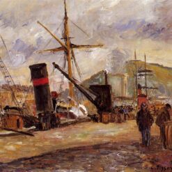 Steamboats at the Port" – 1883 Cityscape Oil Painting by Camille Pissarro