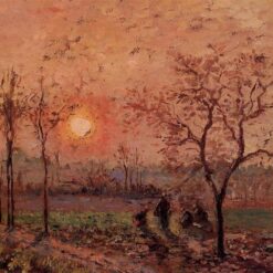 Sunset" by Camille Pissarro – 1872 Impressionist Oil Painting of a Peaceful Evening Landscape
