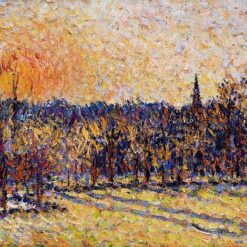 Golden Sunset at Bazincourt Steeple" – 1890 by Camille Pissarro