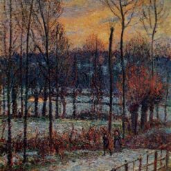 The Effect of Snow, Sunset, Eragny" – Winter Sunset Landscape Painting by Camille Pissarro (1895)