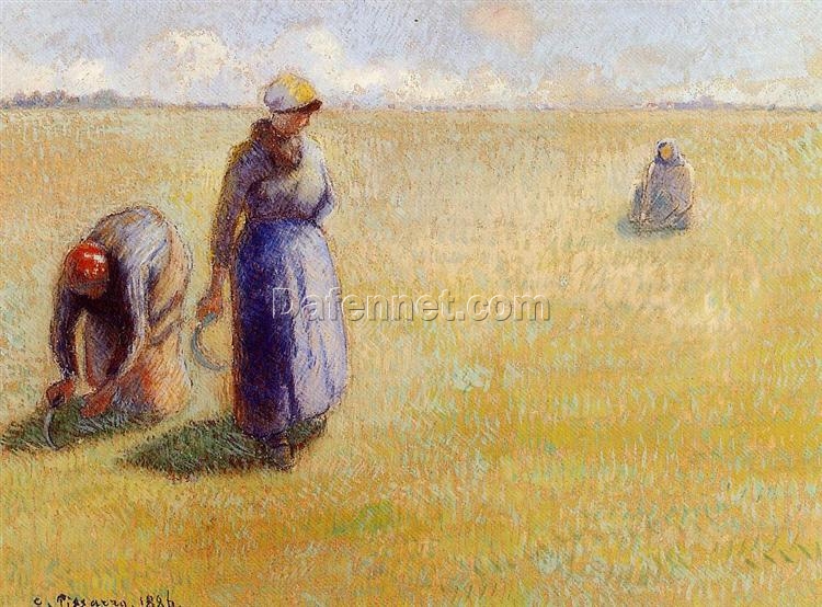 Three Women Cutting Grass” – 1886 Oil on Canvas by Camille Pissarro, Impressionist Masterpiece