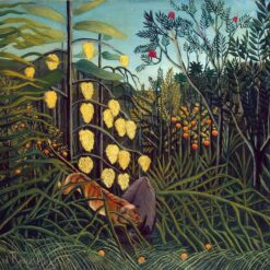 Hand-painted Henri Rousseau Tropical Forest: Battling Tiger and Buffalo – 1908 Naïve Art Wildlife Oil Painting | Canvas Reproduction